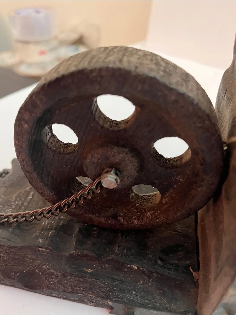 Vintage Rustic Wooden Pulley Bookends - Dark Brown